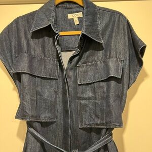 COS dark denim dress with button front and self tie belt. Cap sleeve.